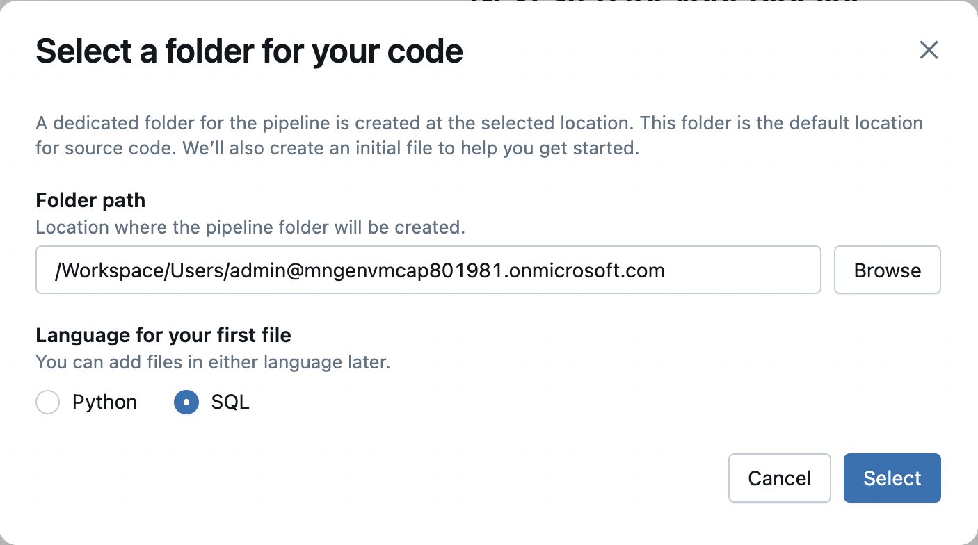 Screenshot of the dialog to Select a folder for your code.