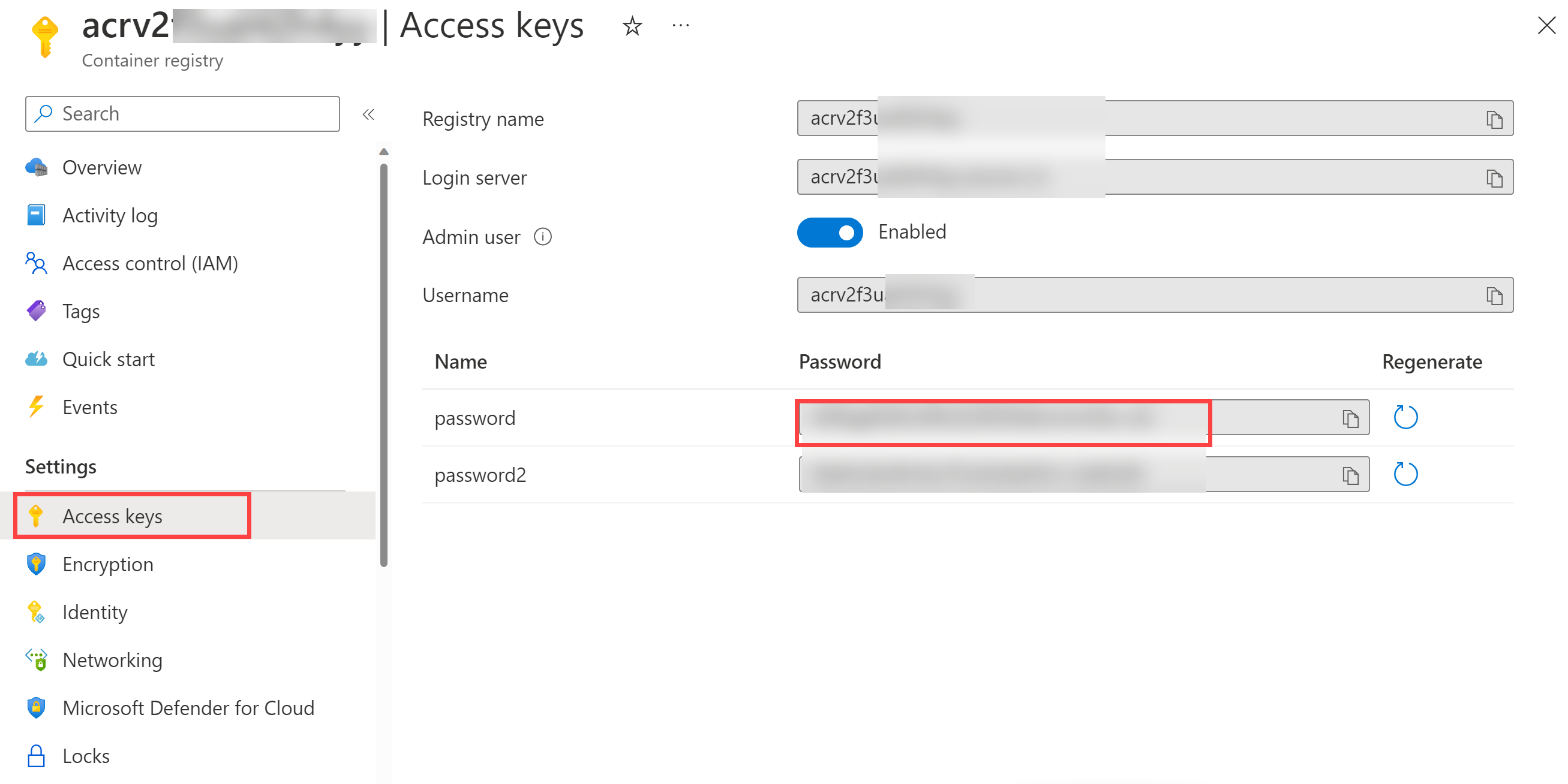 Screenshot of the ACR password location