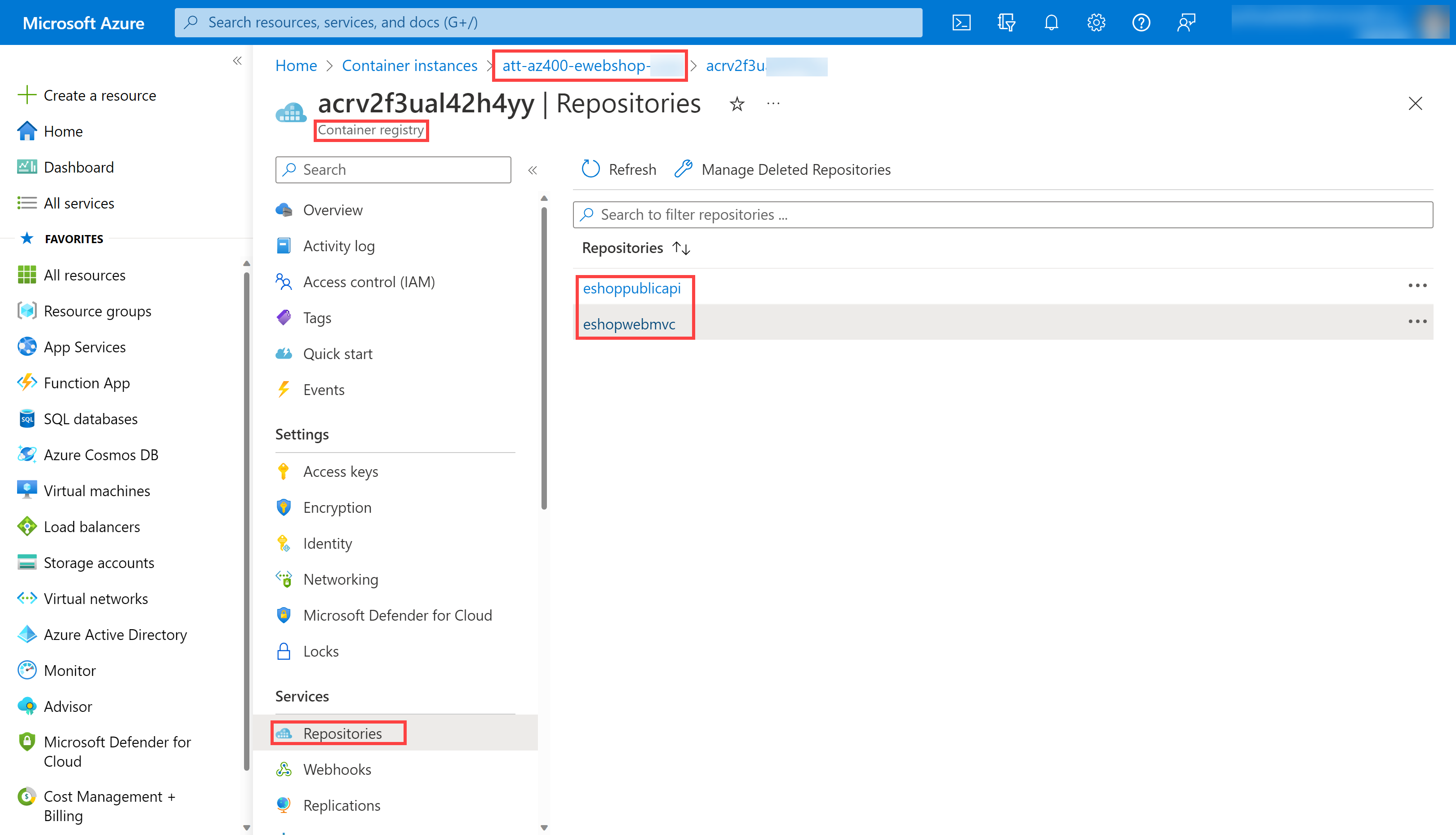 Screenshot of container images in ACR