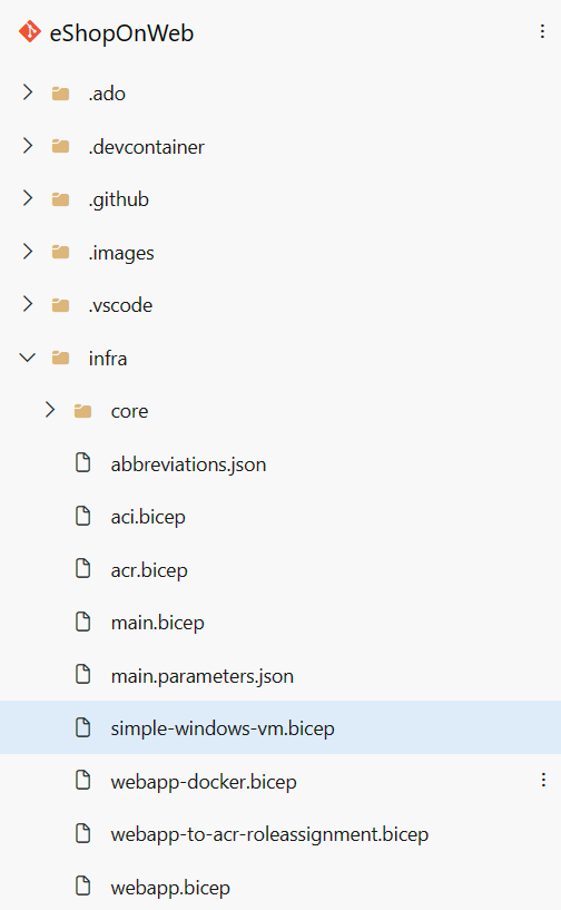 Screenshot of the simple-windows-vm.bicep file path