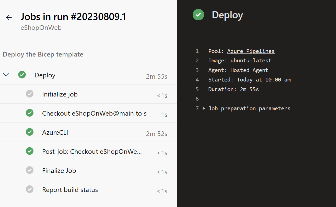Screenshot of the successful resource deployment to Azure using YAML pipelines
