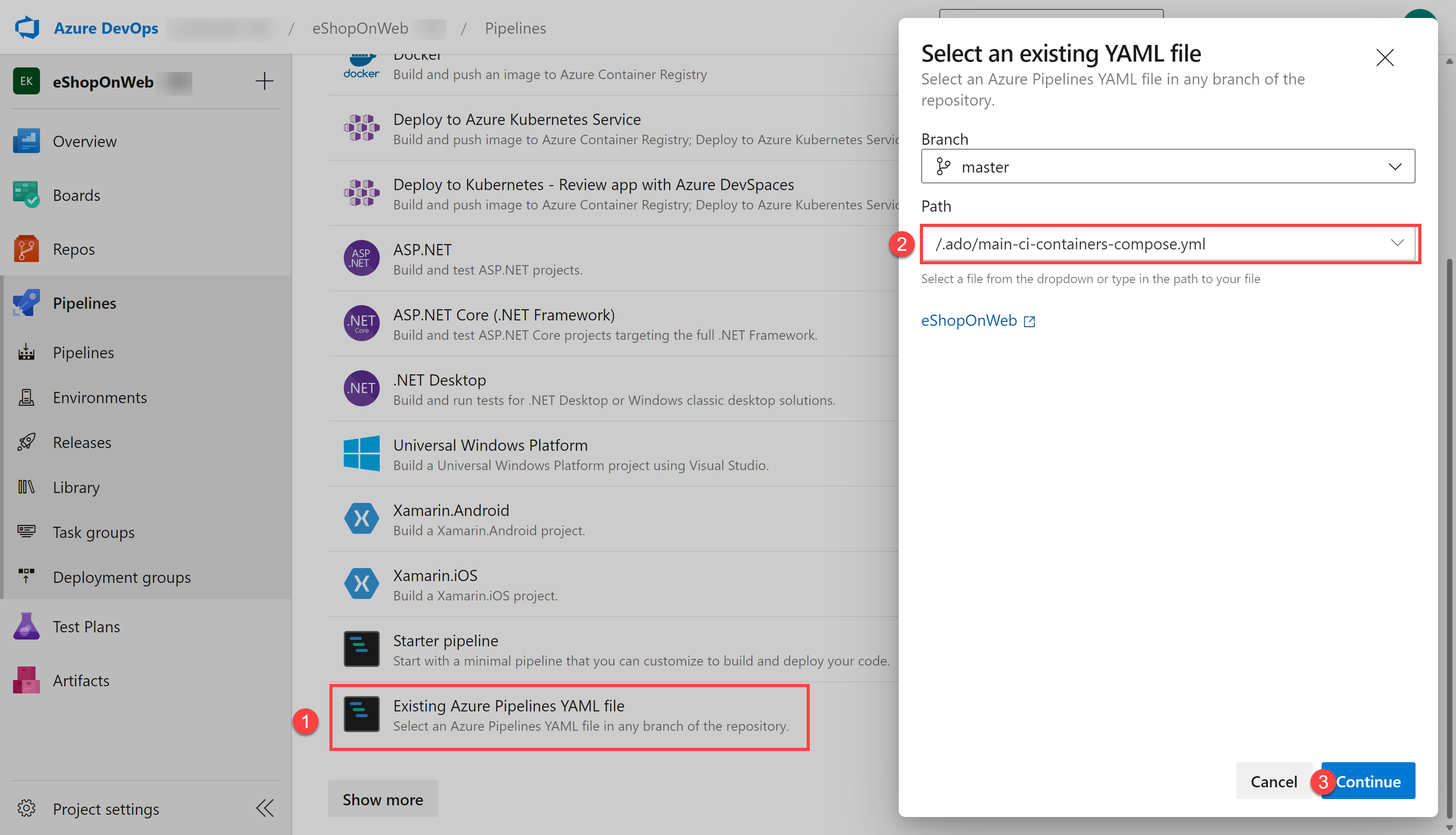 Screenshot of the existing pipeline YAML