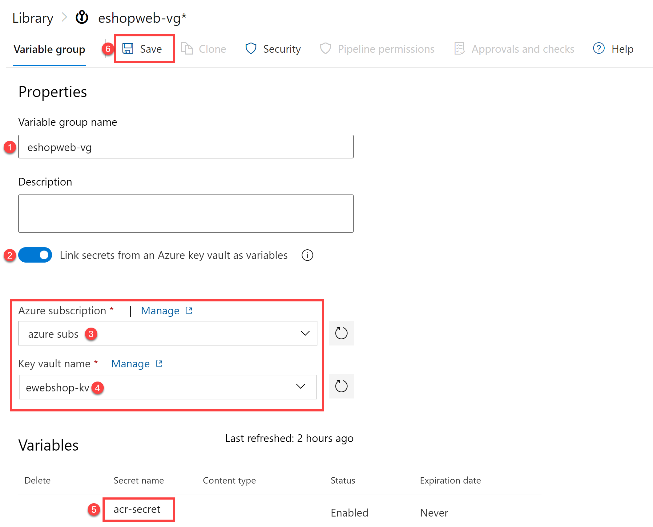 Screenshot of the variable group creation