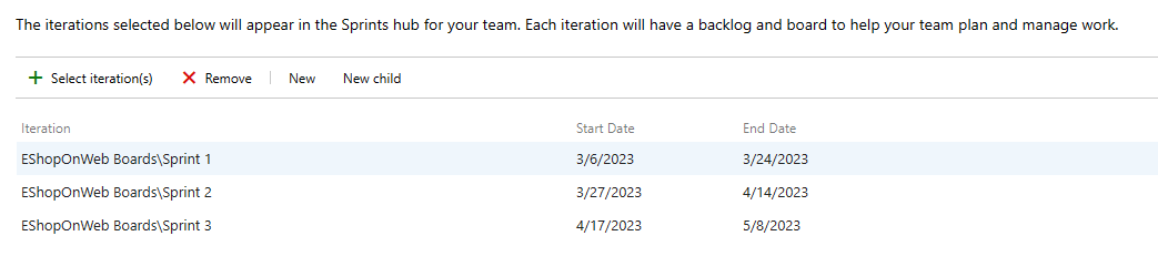Screenshot of the sprints configuration under the iterations tab.