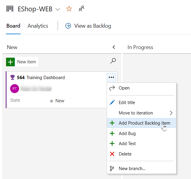 Screenshot of the Add Product Backlog Item option in the Training dashboard feature.