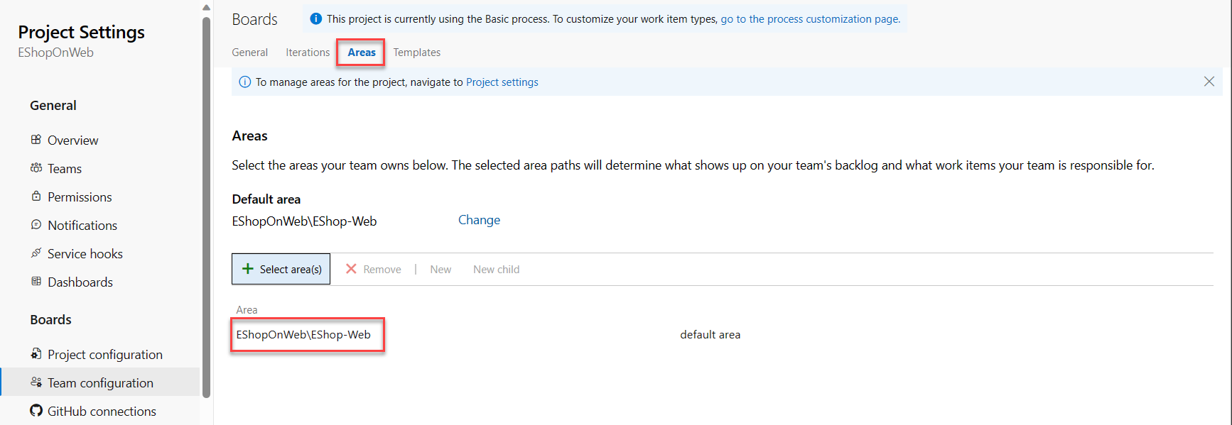 Screenshot of the Areas settings page.