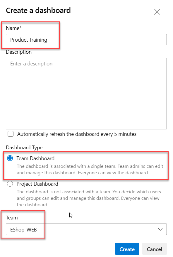 Screenshot of the create dashboard panel.