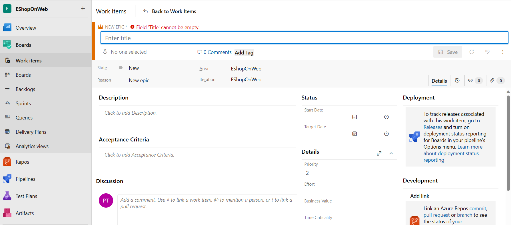 Screenshot of the work item creation.