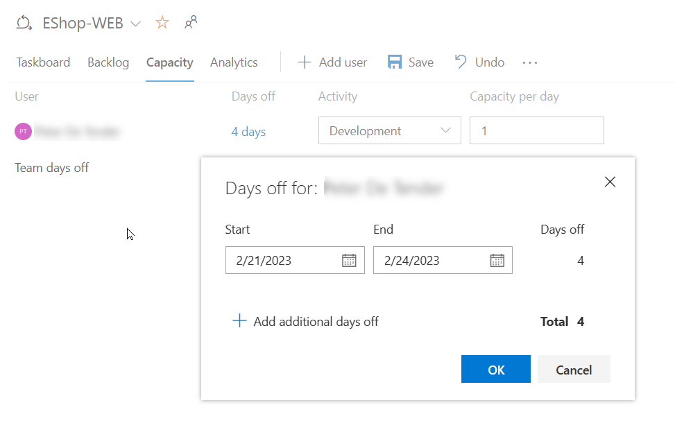 Screenshot of the day off configuration.