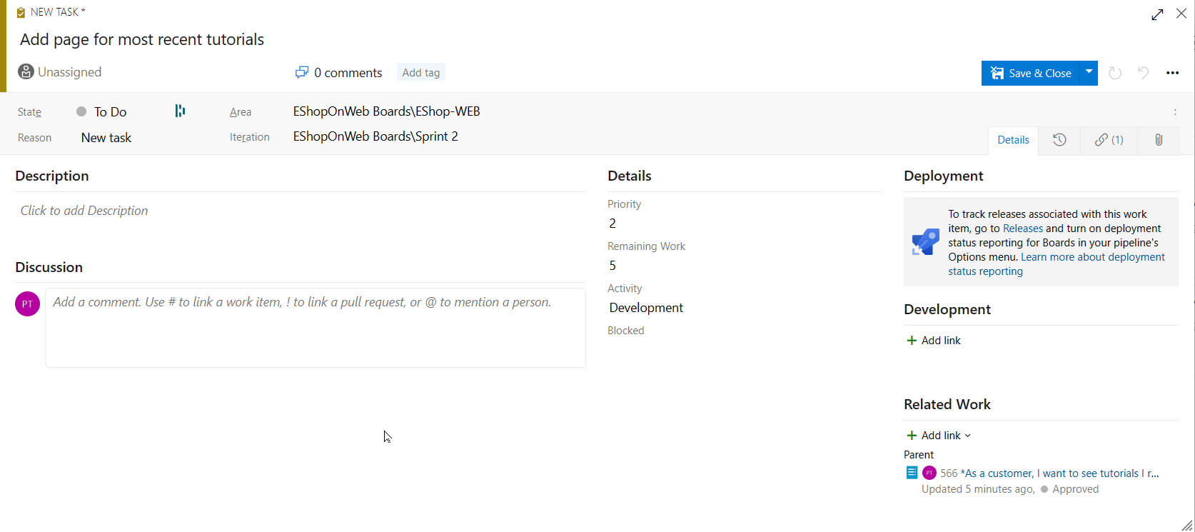 Screenshot of the new work item creation.