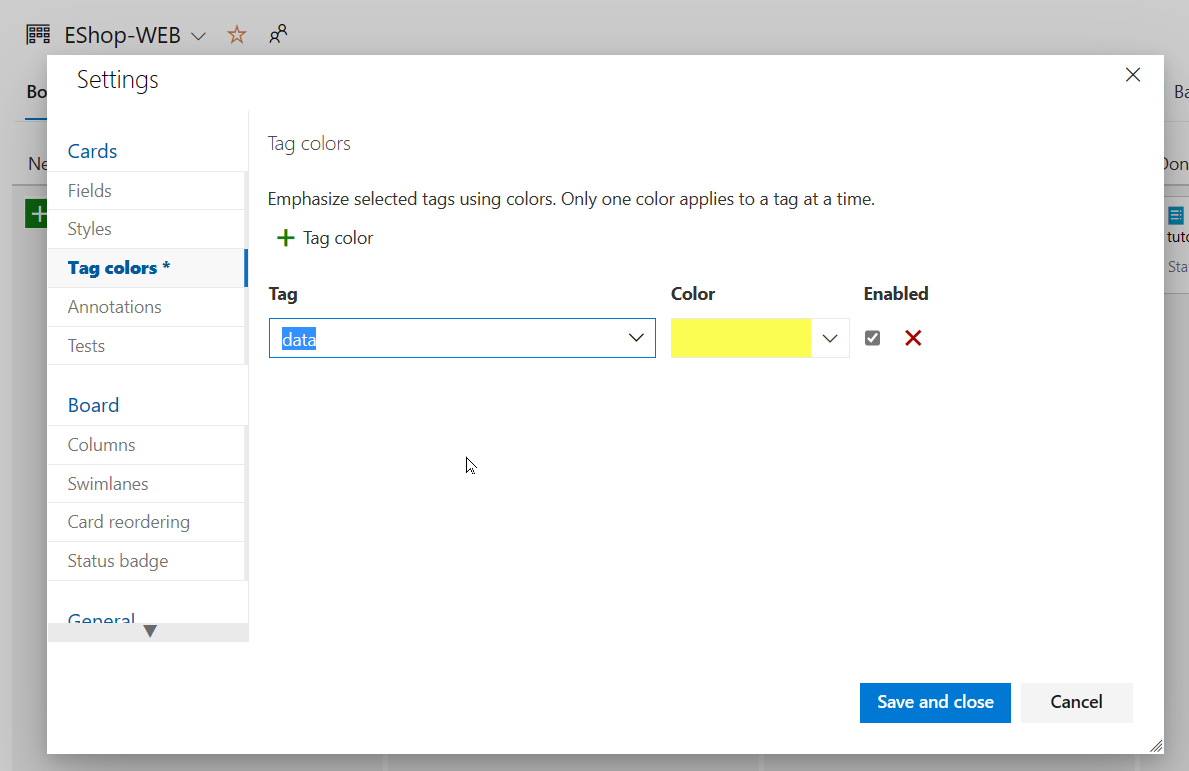 Screenshot of the tag settings.