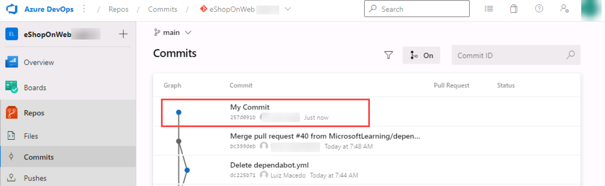 Screenshot of the ADO repo commits.