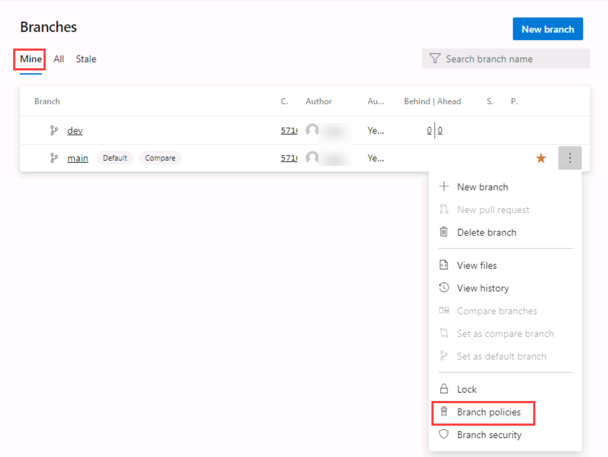 Screenshot of the branch policies option.