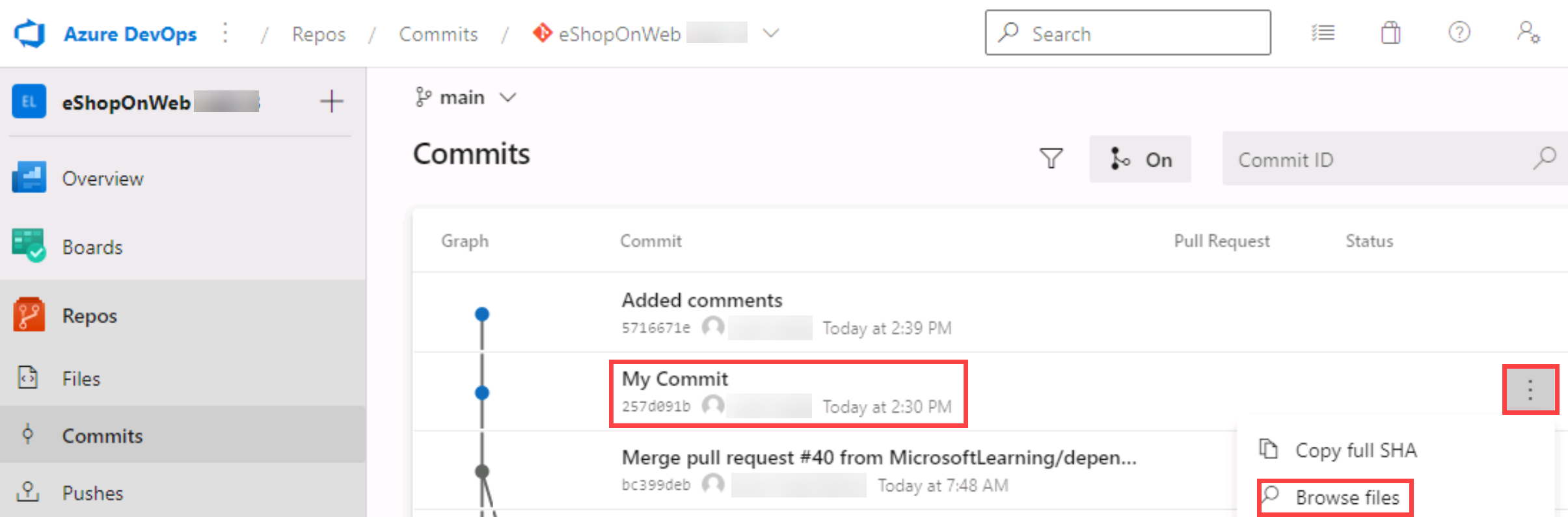 Screenshot of the commit browse.