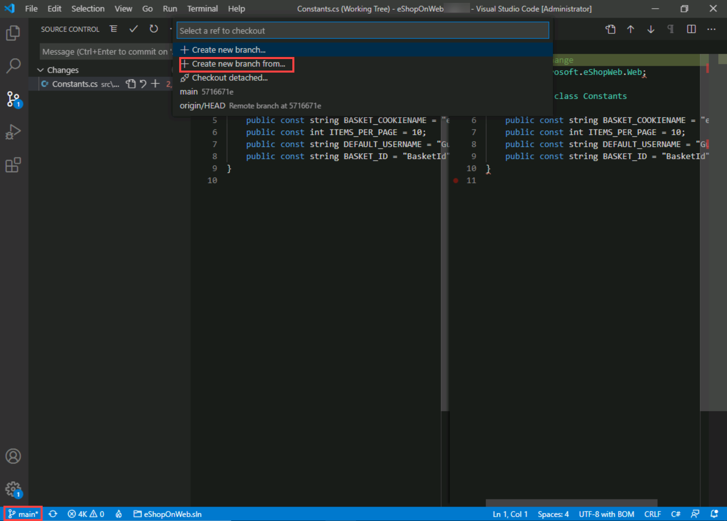Screenshot of the create branch option.