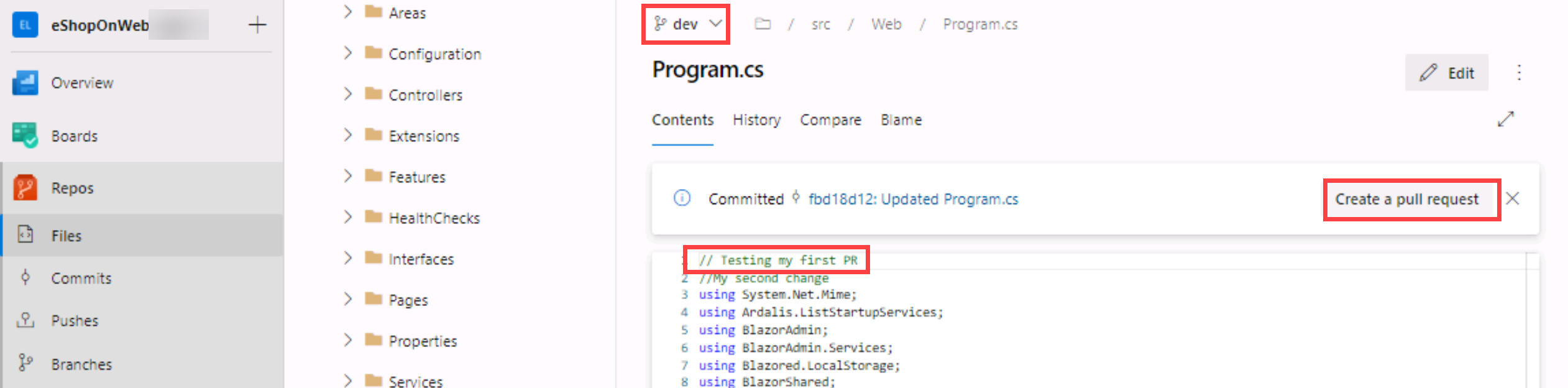 Screenshot of the create a Pull Request option.