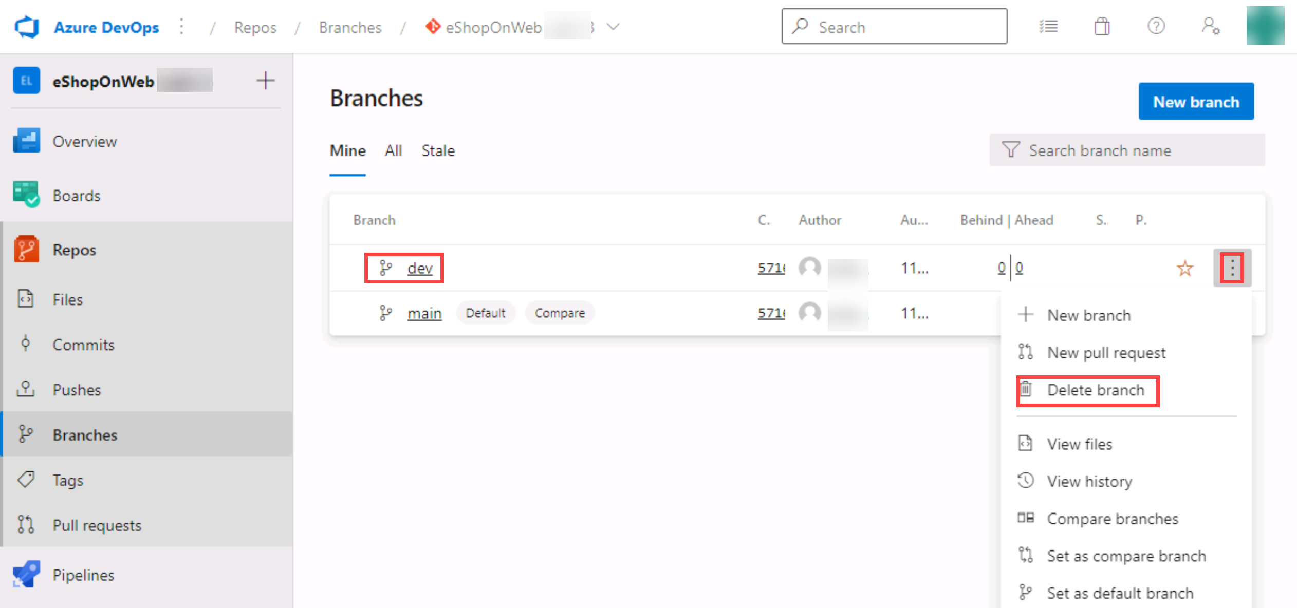 Screenshot of the delete branch option.