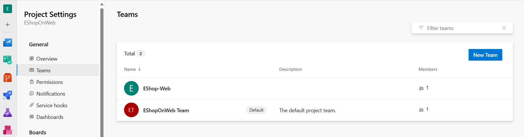 Screenshot of the project settings teams page.