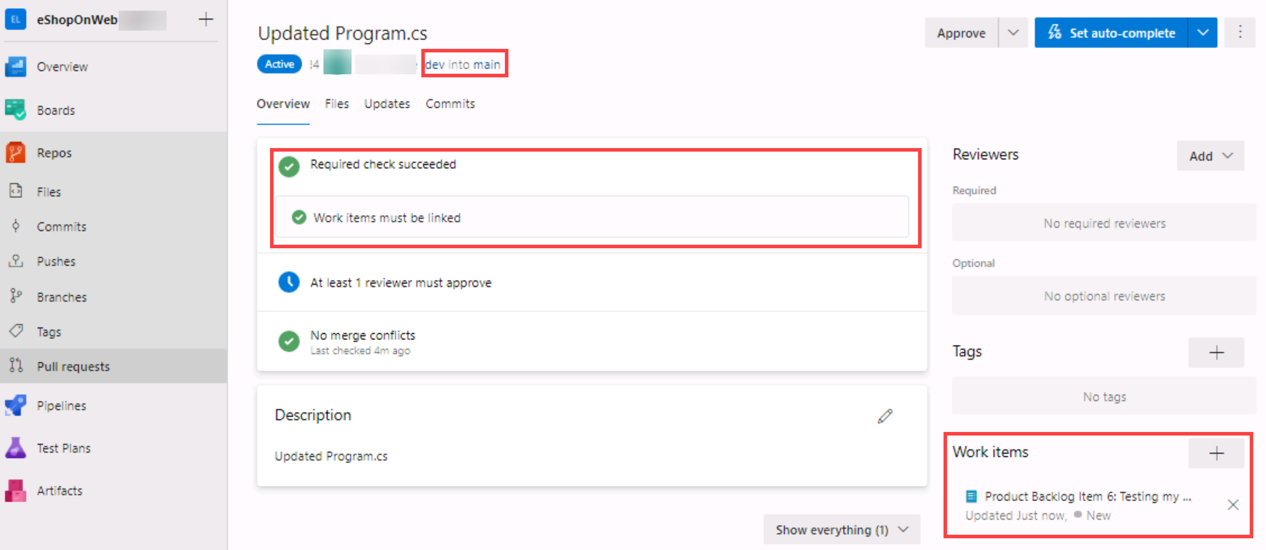 Screenshot of the link work item.