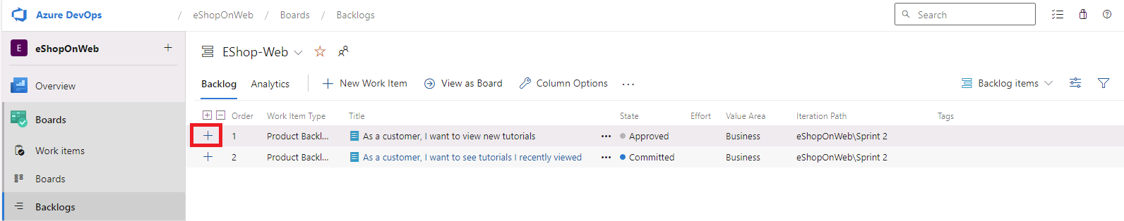 Screenshot of the create task option in the backlog list.