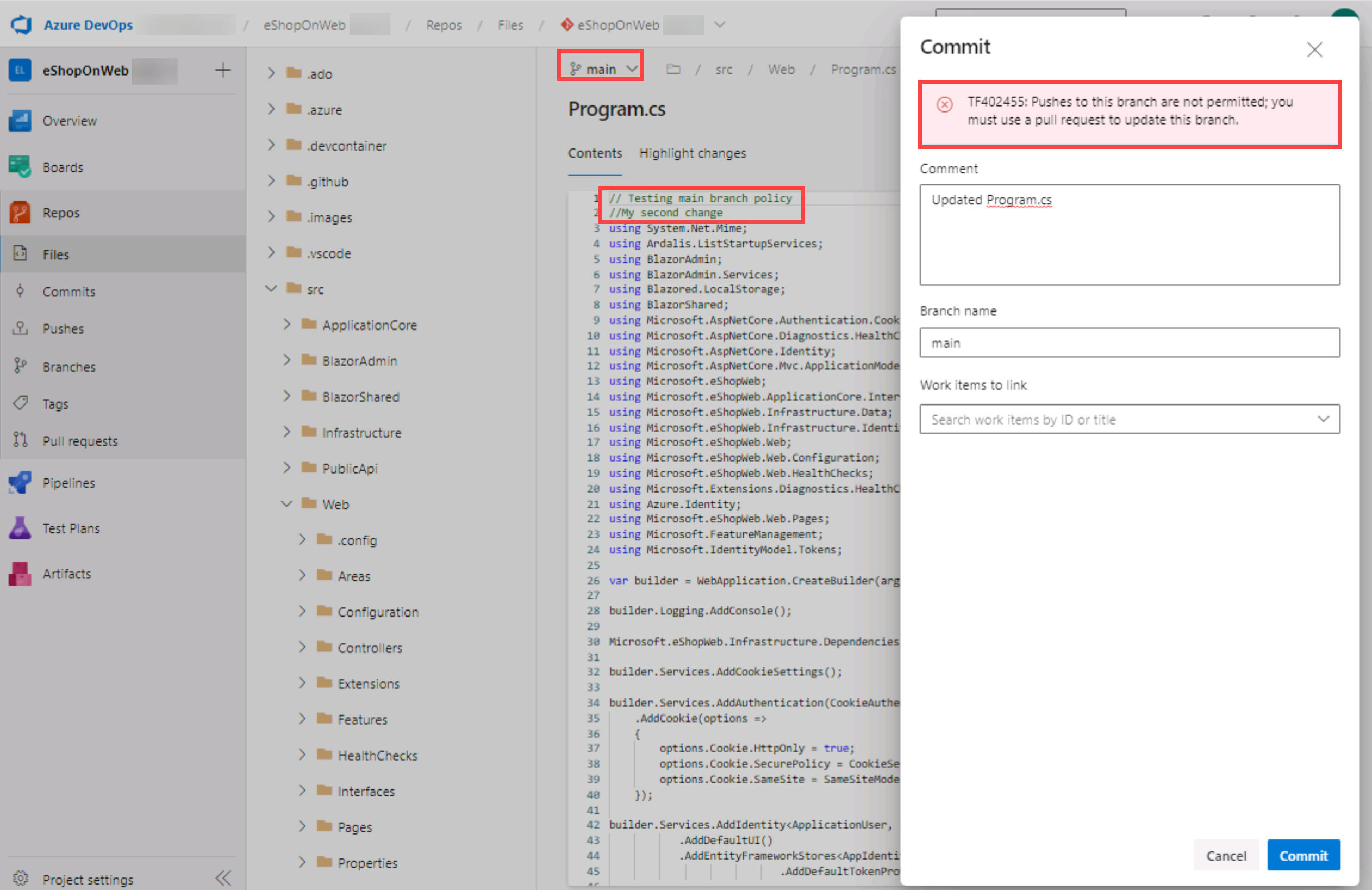 Screenshot of the policy denied commit.