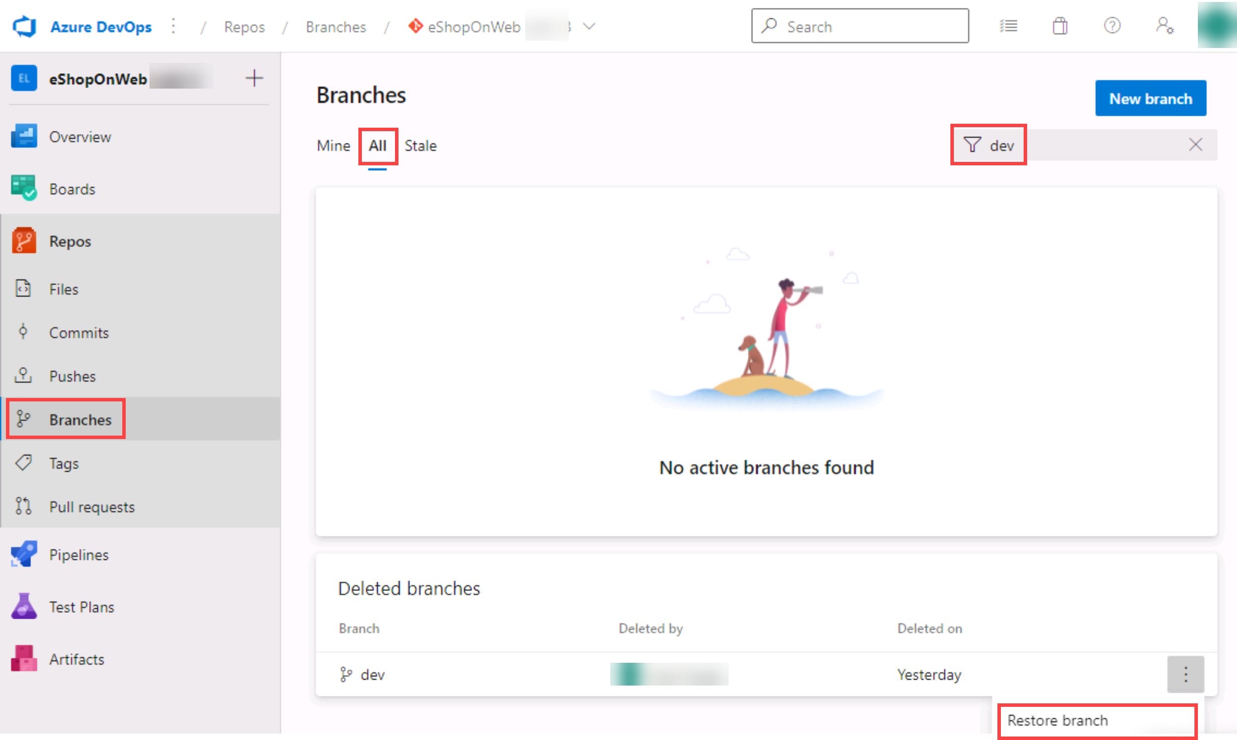 Screenshot of the restore branch option.