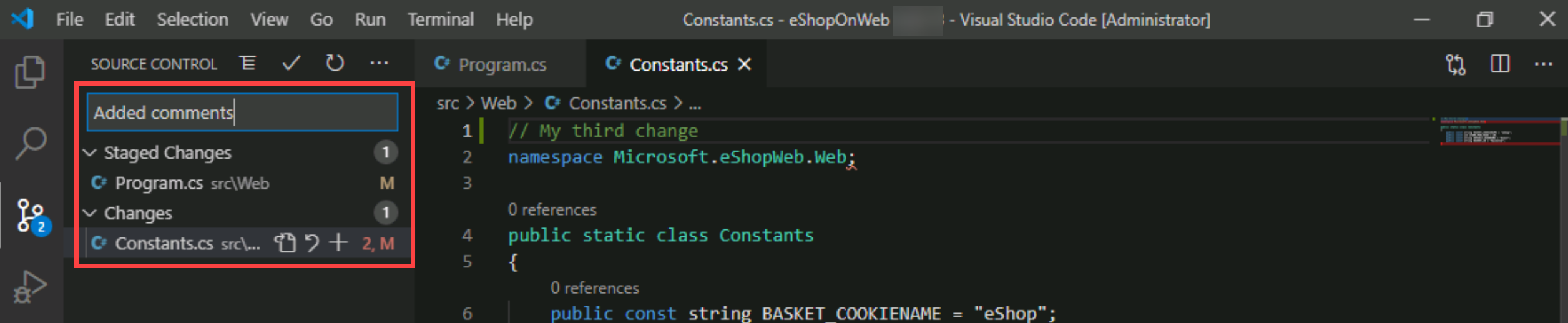 Screenshot of the staged changes.
