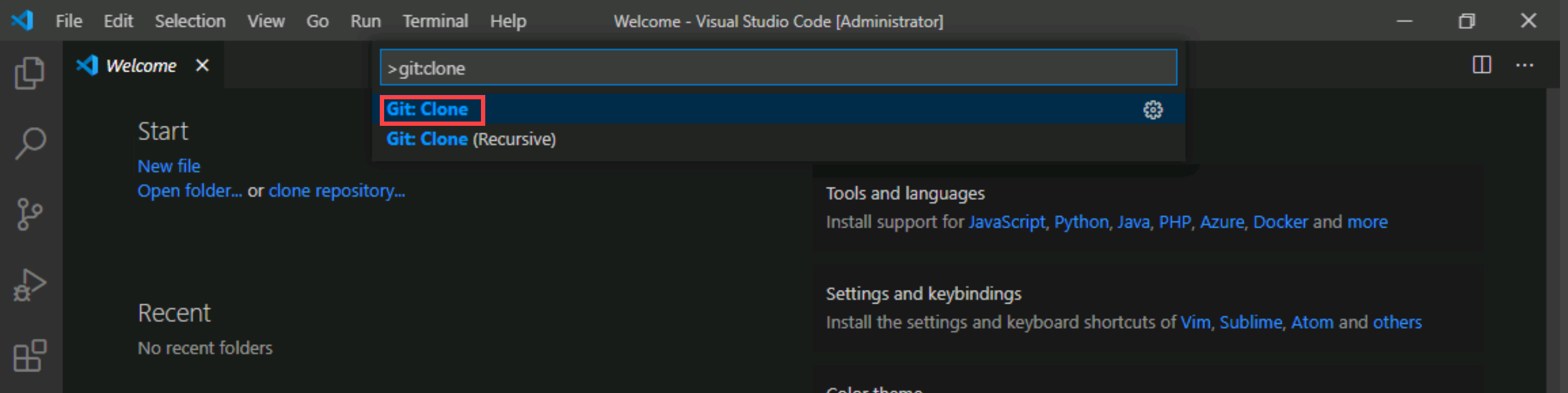 Screenshot of the VS Code command palette.