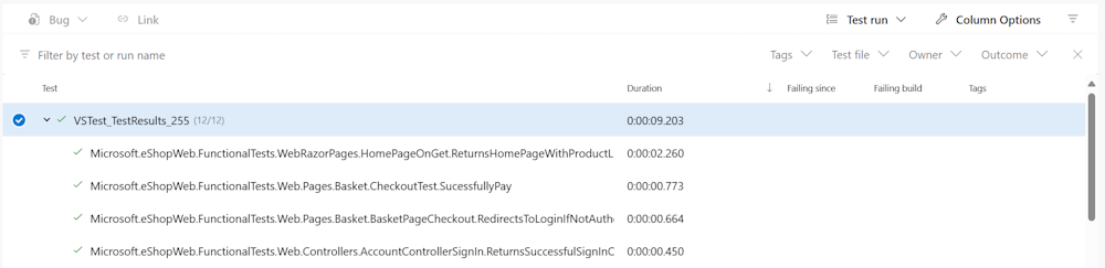 Screenshot of the tests table
