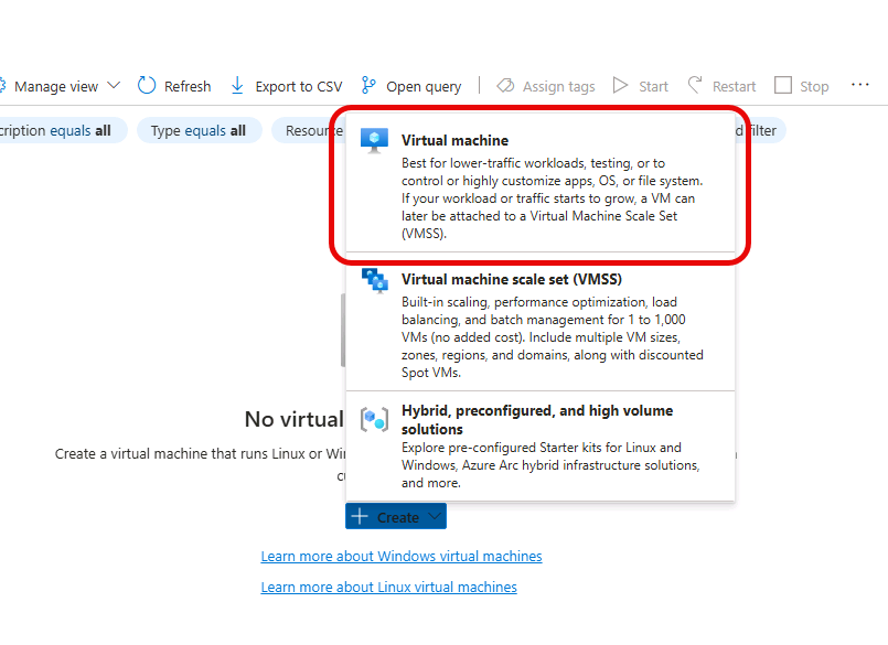 Screenshot of the create virtual machine with configuration.