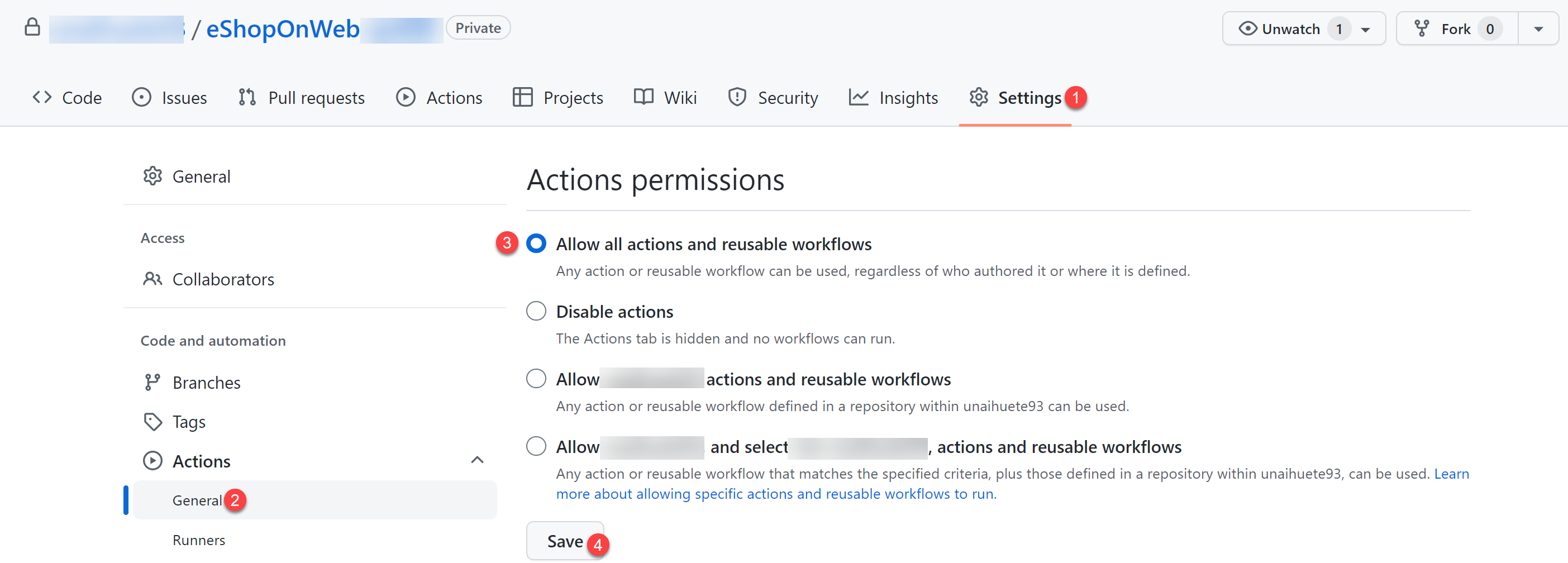 Screenshot of the enable GitHub Actions option.