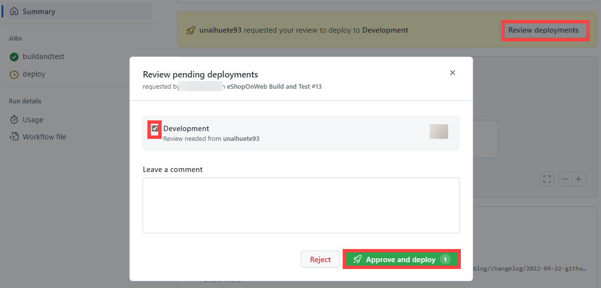 Screenshot of the Actions approval.