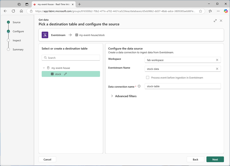 Captura de pantalla de la configuración para cargar una tabla desde un flujo de eventos.