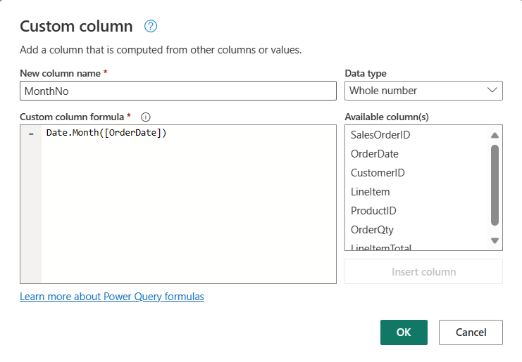 Columna personalizada en el Editor de Power Query.