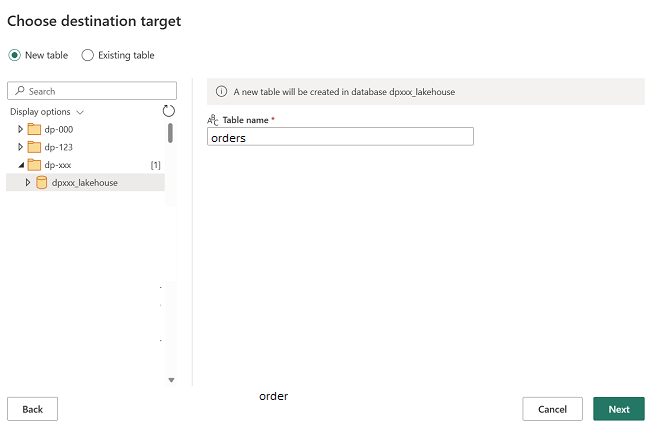 Página de configuración del destino de datos.