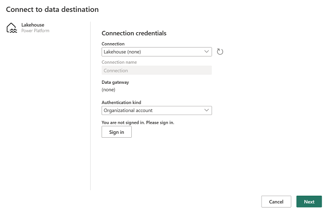 Página de configuración del destino de datos.