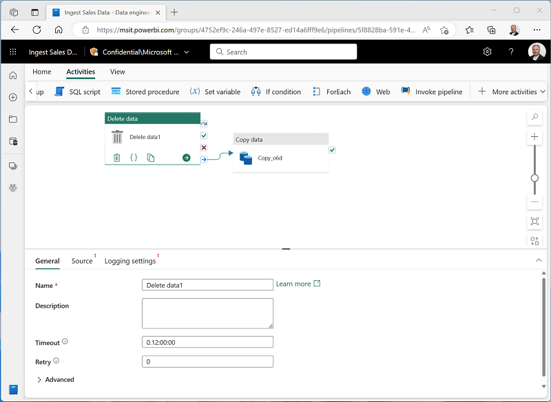 Captura de pantalla de una canalización con las actividades Eliminar datos y Copiar datos.