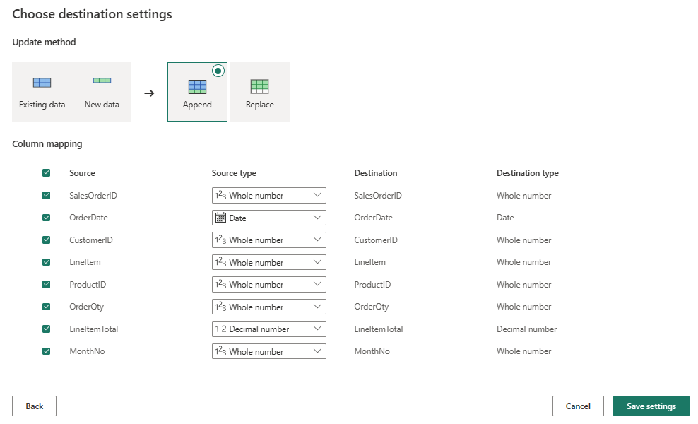 Página de configuración del destino de datos.