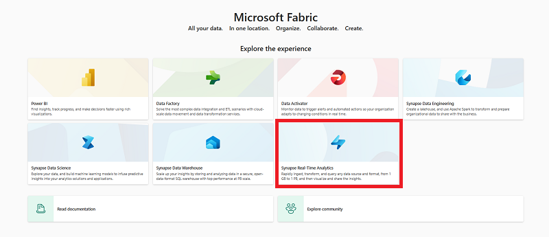 Captura de pantalla de la página Inicio de La experiencia Microsoft Fabric con RTA seleccionado