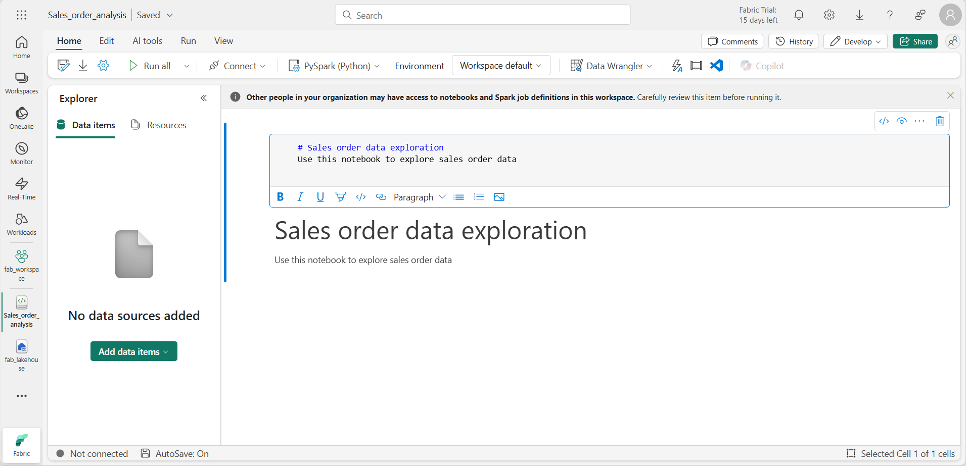 Imagen de pantalla de un cuaderno de Fabric con una celda de markdown.