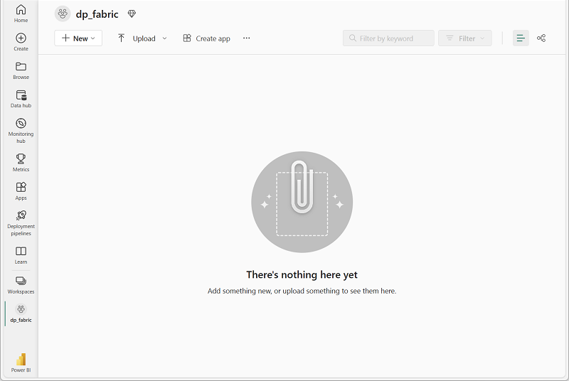 Captura de pantalla de un área de trabajo vacía en Fabric.
