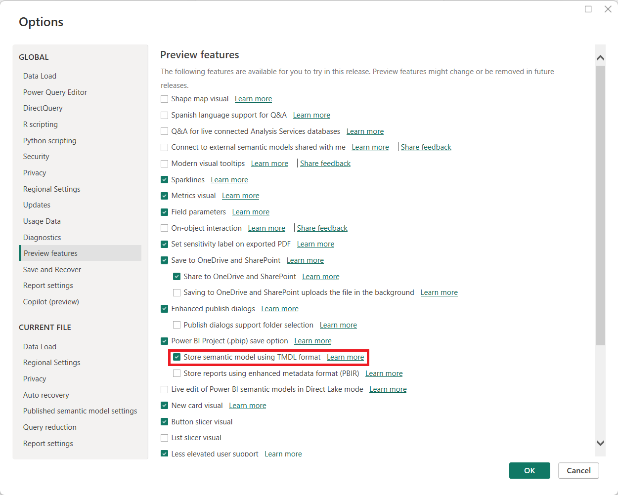 Captura de pantalla de las opciones disponibles en la categoría Características de la versión preliminar.