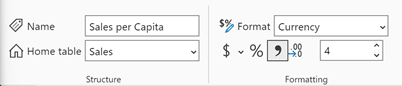 Captura de pantalla de la medida Sales per Capita con el formato configurado.