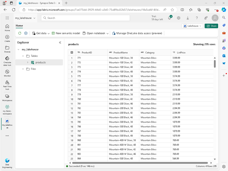 Captura de pantalla de la tabla de productos en la página de almacén de lago de datos.