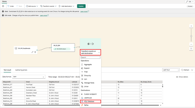 establecer la base de datos KQL como destino de la transmisión de eventos