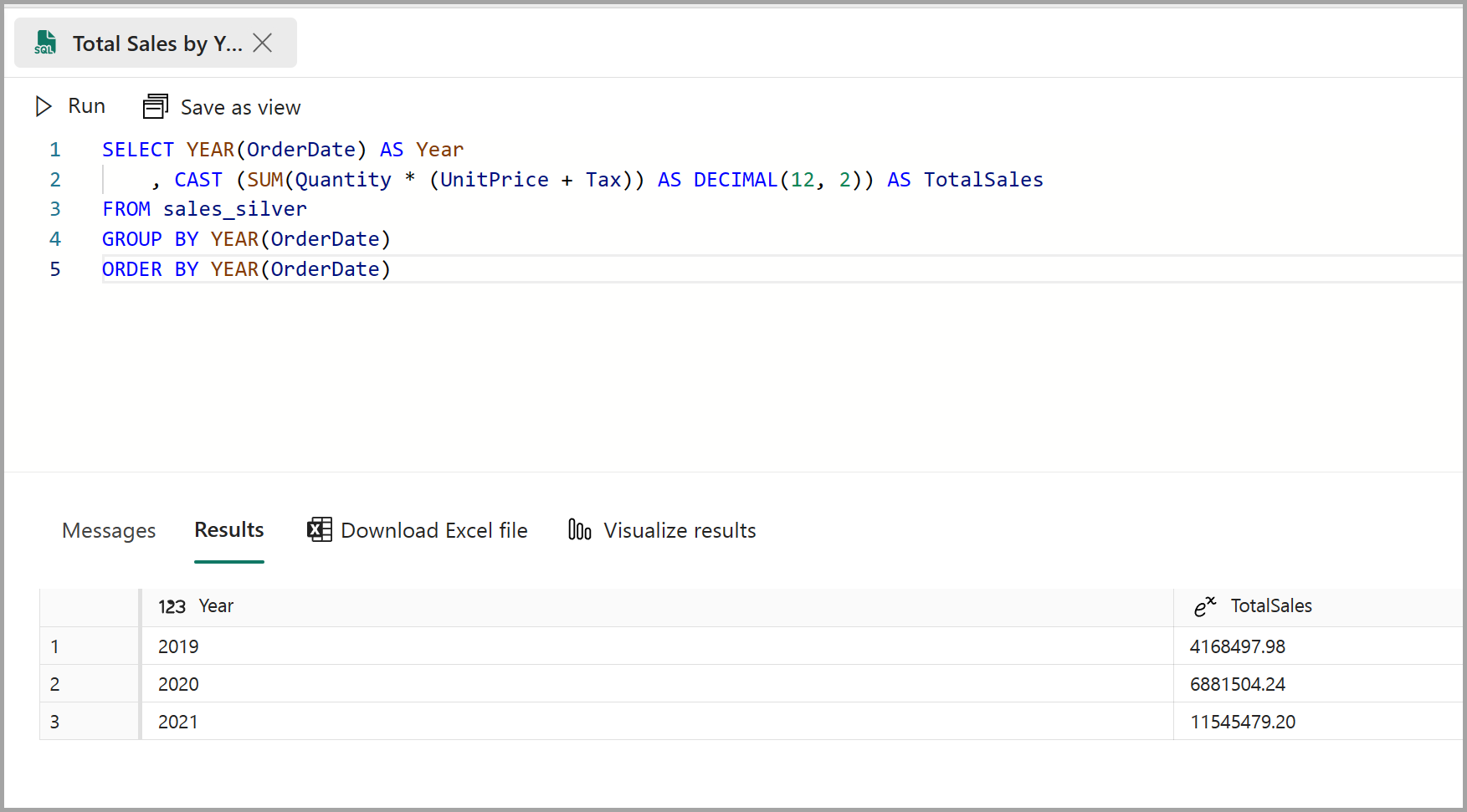 Captura de pantalla de los resultados de una consulta SQL en un almacén de lago de datos.