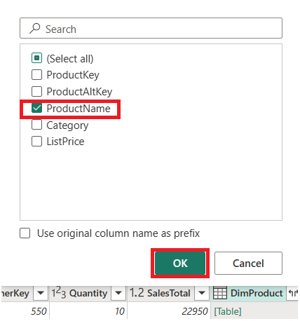 Captura de pantalla del panel de vista previa con la columna DimProduct expandida, con ProductName seleccionado.