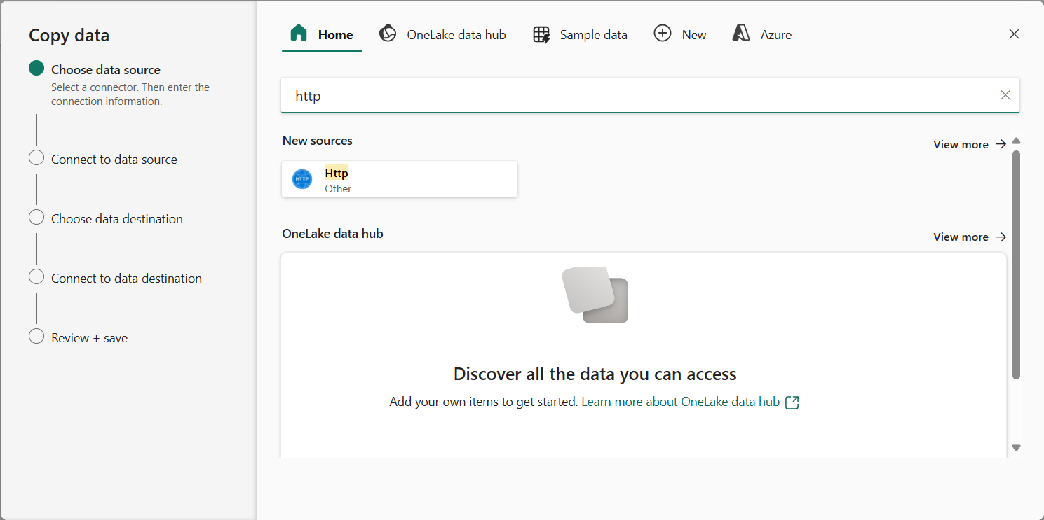 Capture d’écran de la page Choisir une source de données