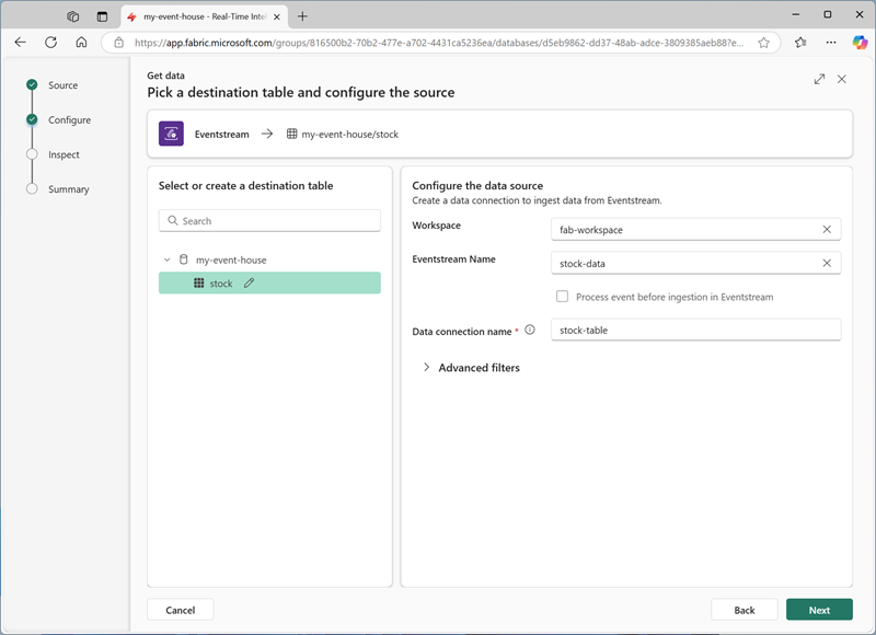 Capture d’écran de la configuration du chargement d’une table à partir d’un eventstream.