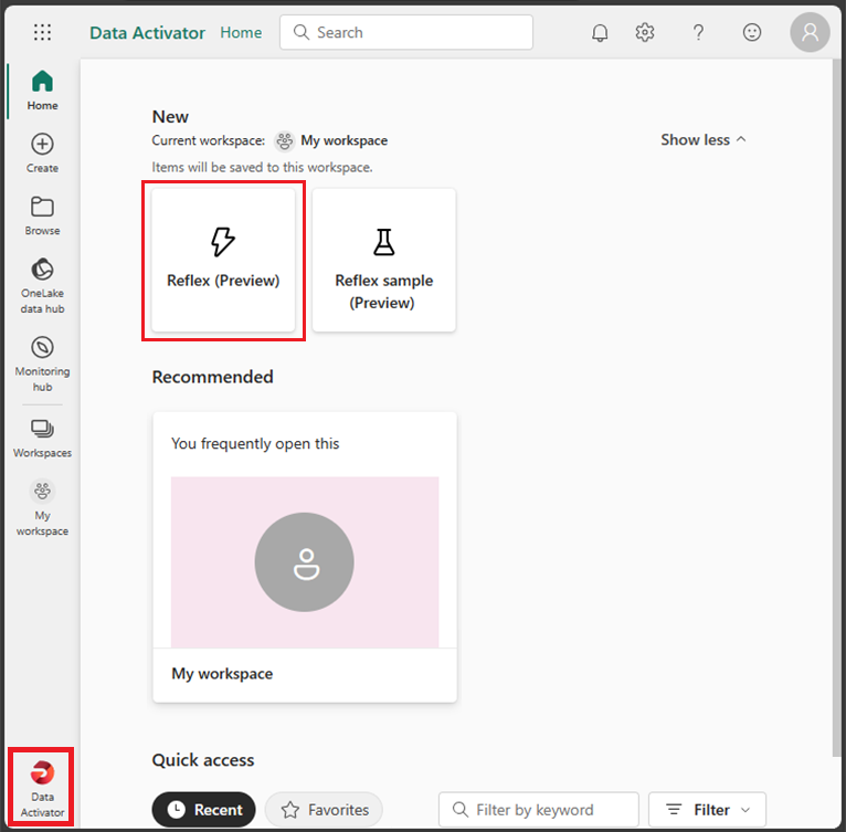 Capture d’écran de l’écran d’accueil de Data Activator.